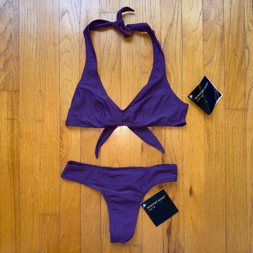 Vintage Newport News Swim Purple Halter Tie Front Bikini Set Thong Bottoms NWT 6